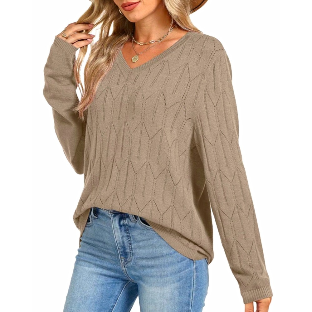 OFEFAN Beige Cable-Knit V-Neck Pullover Sweater Long Sleeve L Viscose Blend